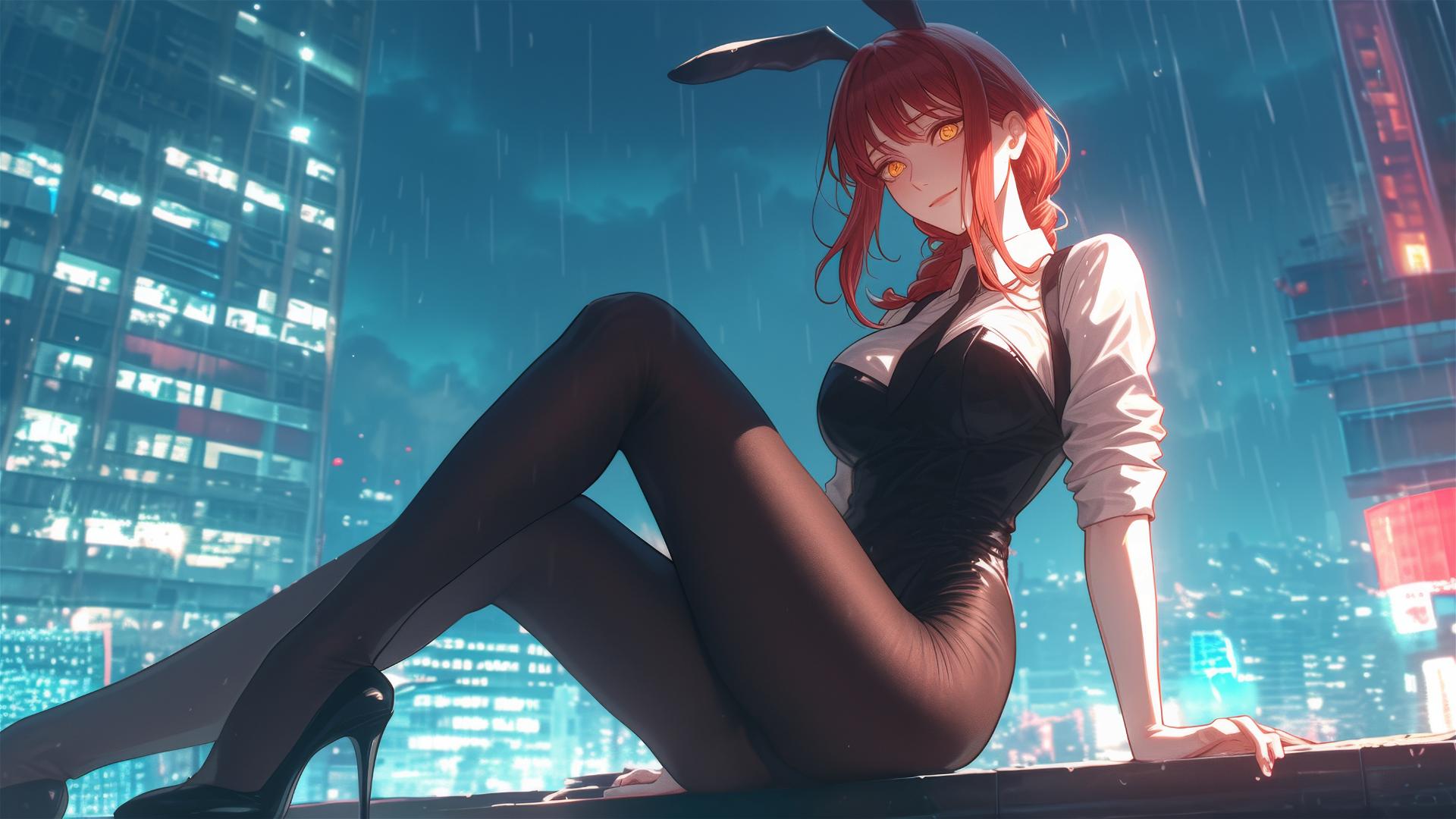Makima from Chainsaw Man on rooftop with moonlight, red hair and heels, rainy, bunny style