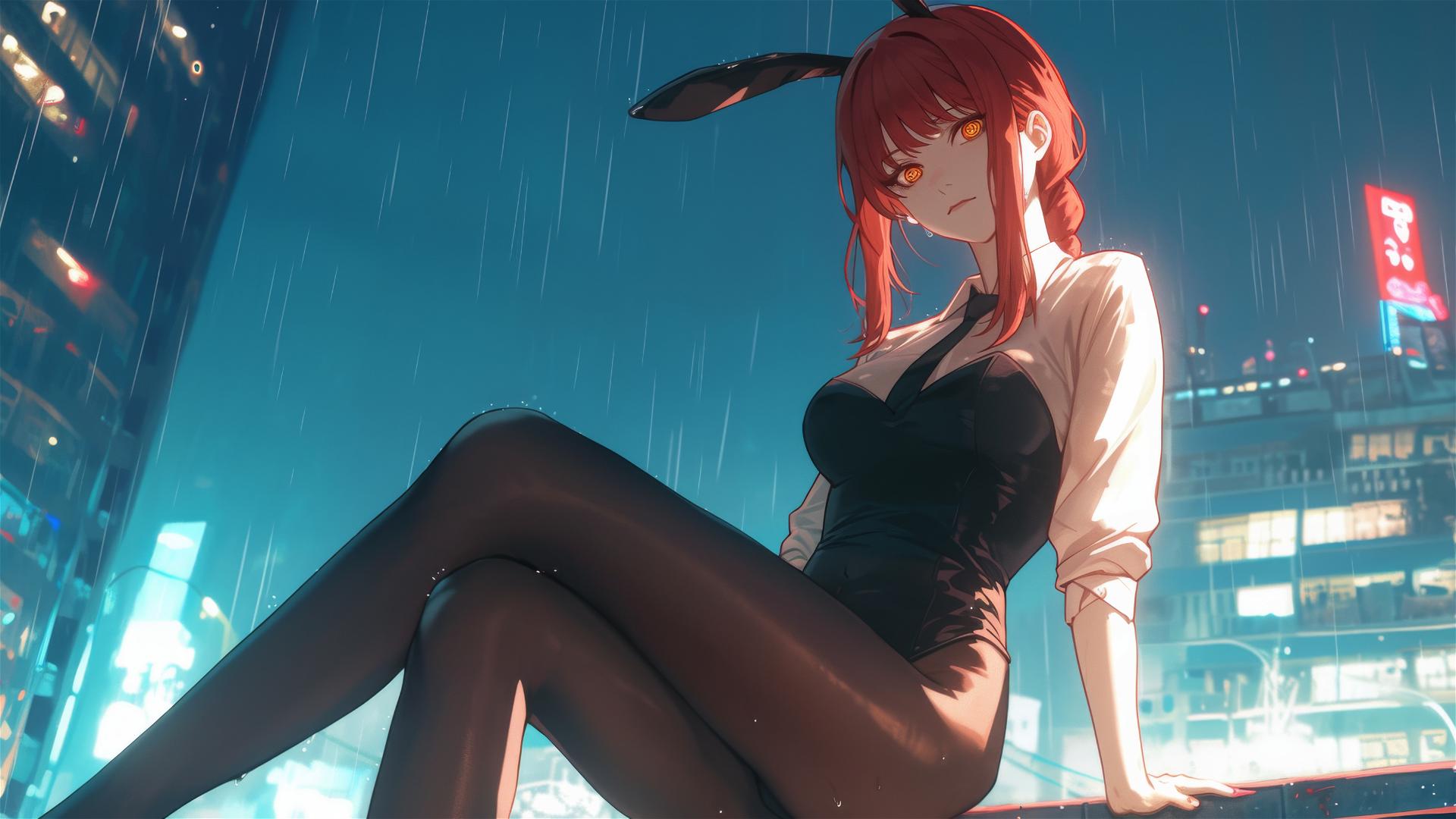 Makima from Chainsaw Man on a rooftop in the rain with moonlight on her red hair and heels, bunny girl style.