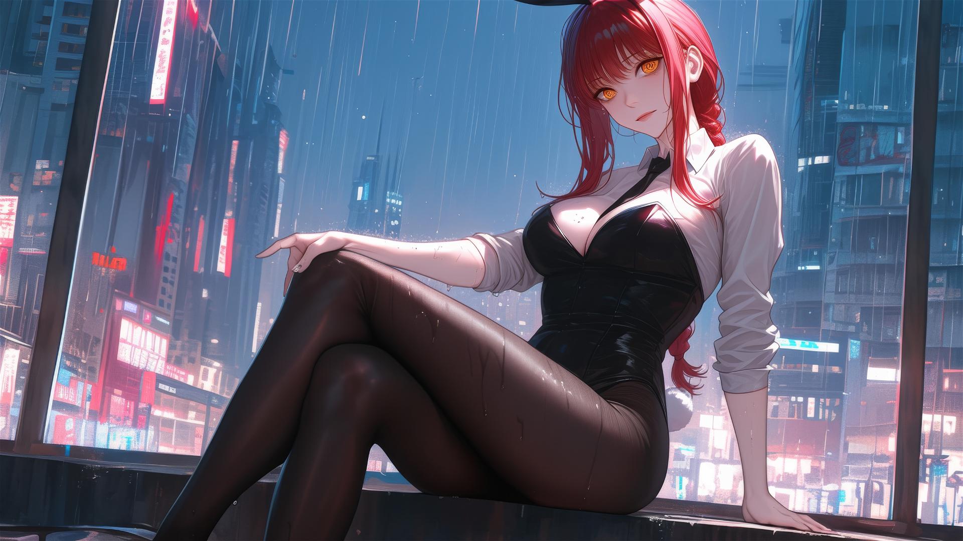 Makima from Chainsaw Man on rooftop, moonlit rain, red hair and heels, bunny style