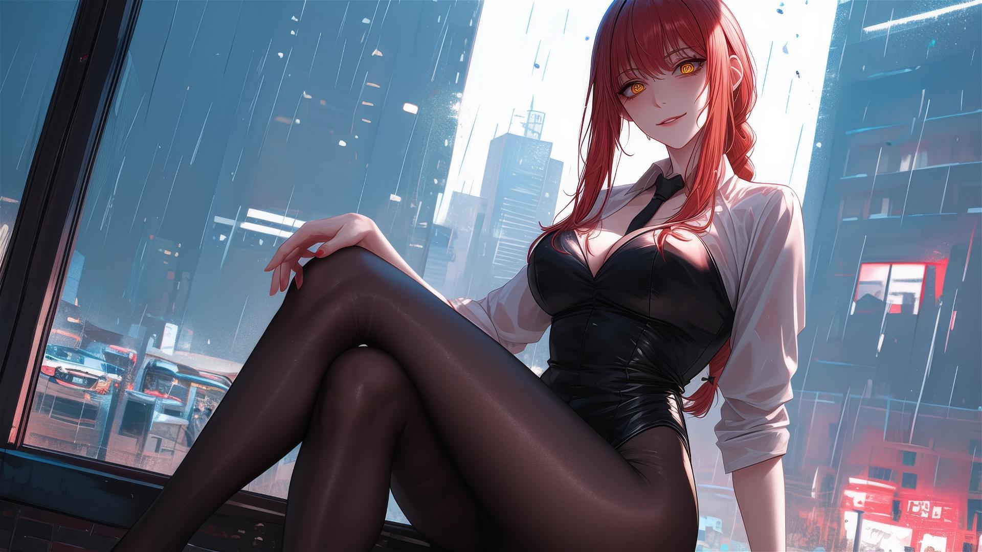 Makima from Chainsaw Man on a rooftop, big rain, moonlit with red hair and heels, bunny girl style.
