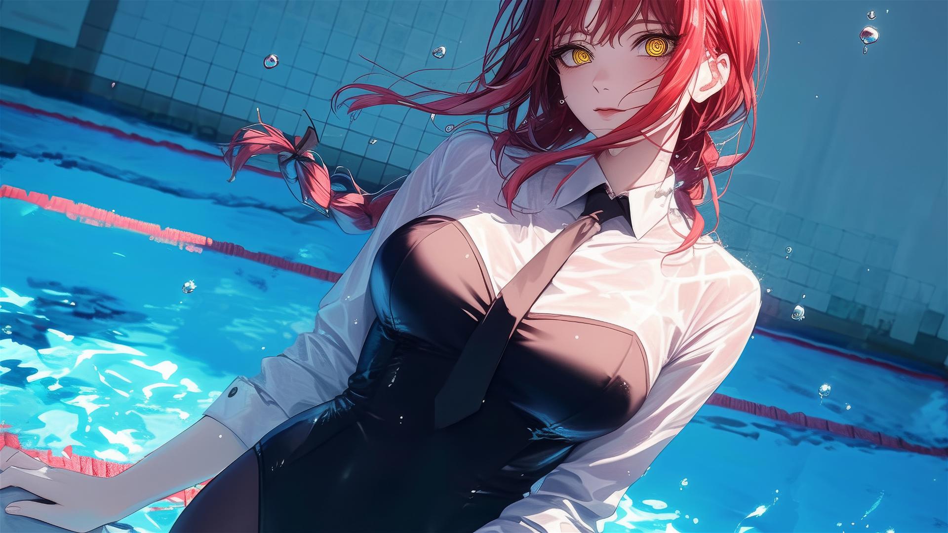 Makima from Chainsaw Man swims under moonlight with red hair in a bunny style on a rainy day
