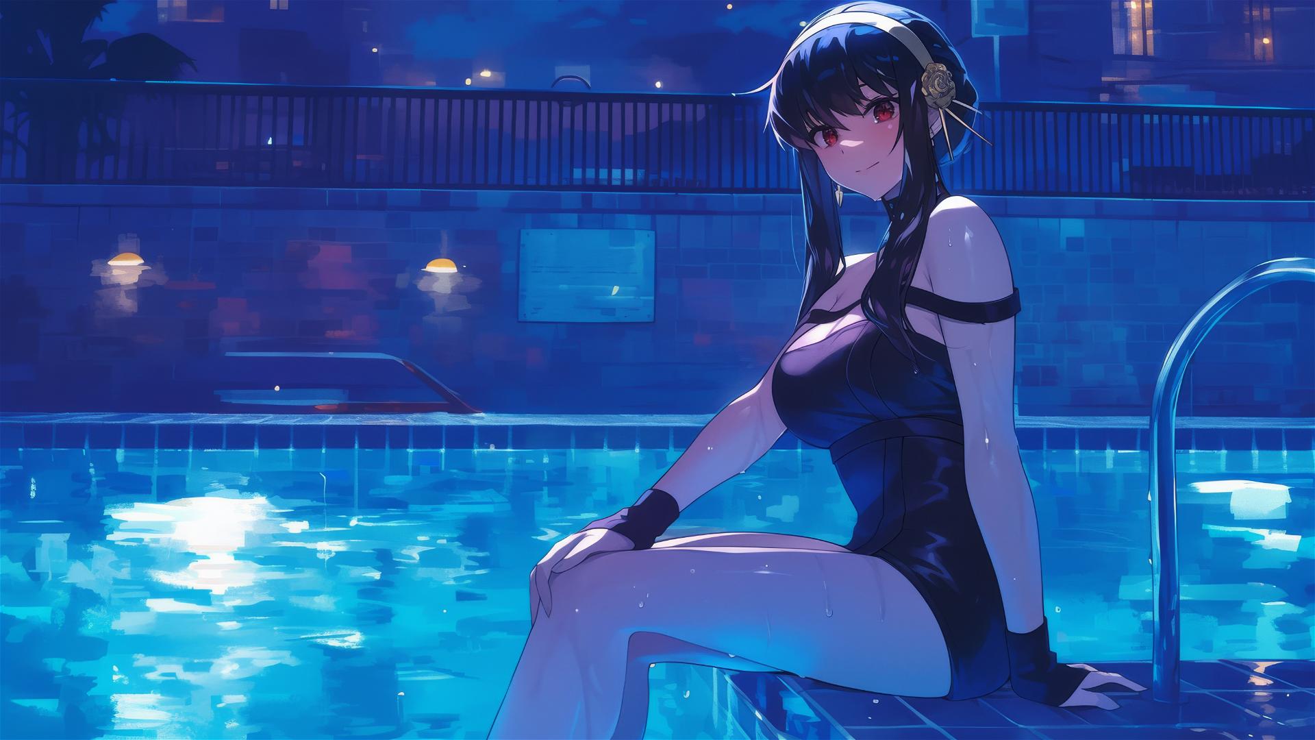 Yor Forger as bunny girl in pool under moonlight