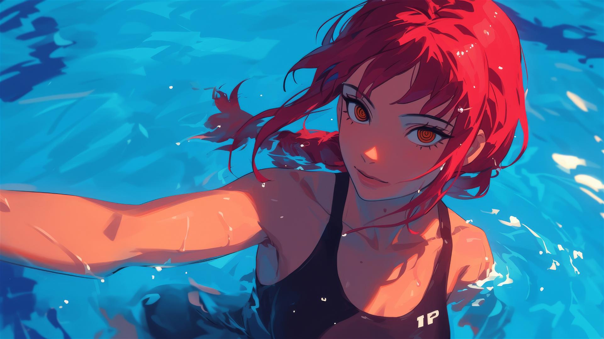 Makima from Chainsaw Man standing in a pool under moonlight, red hair glowing