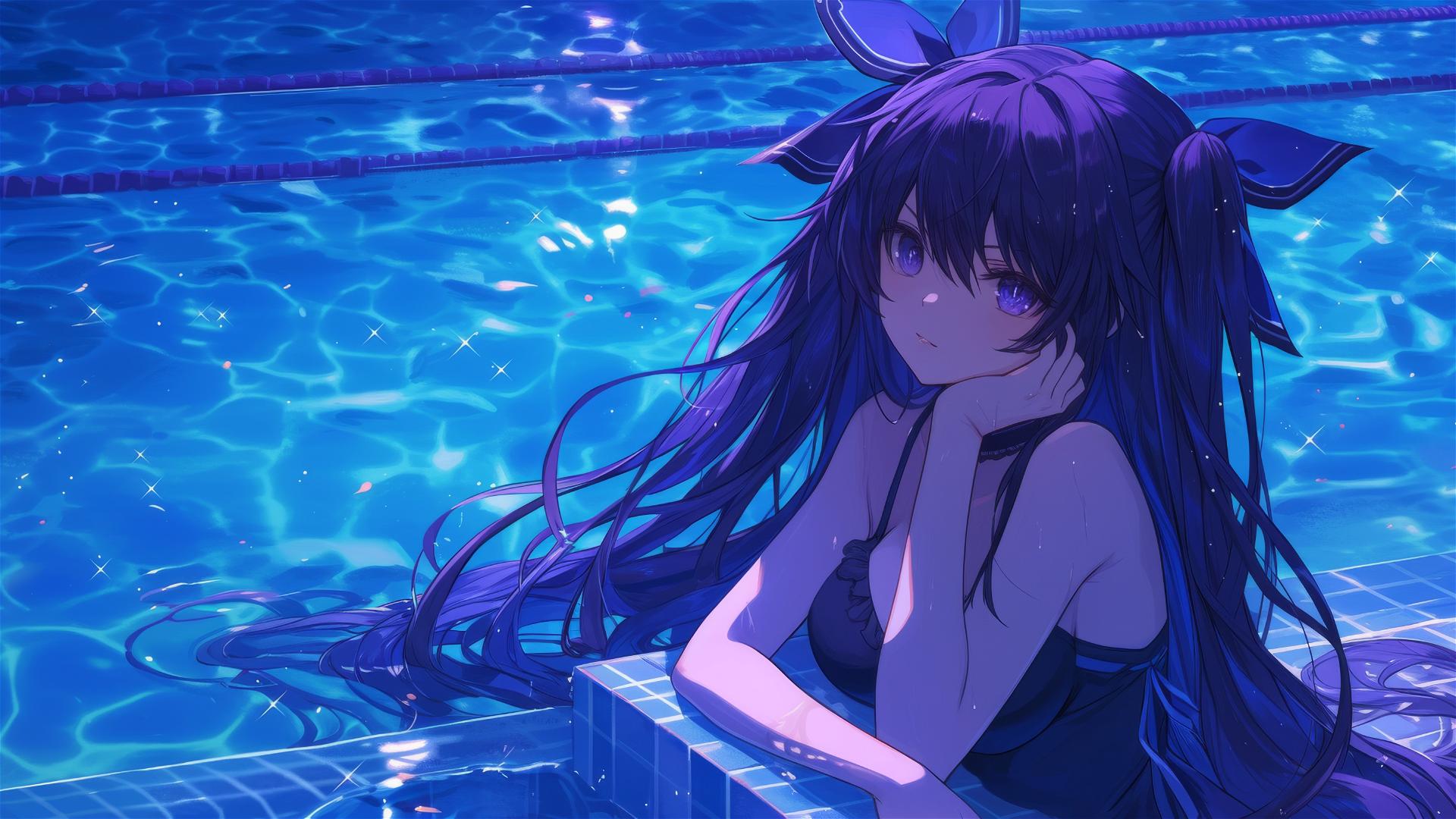 Tohka Yatogami swimming under moonlight in a pool with dark-purple hair and eyes
