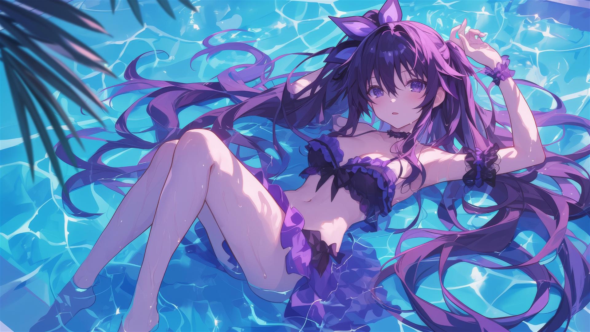 Tohka Yatogami from Date A Live resting by the pool under moonlight