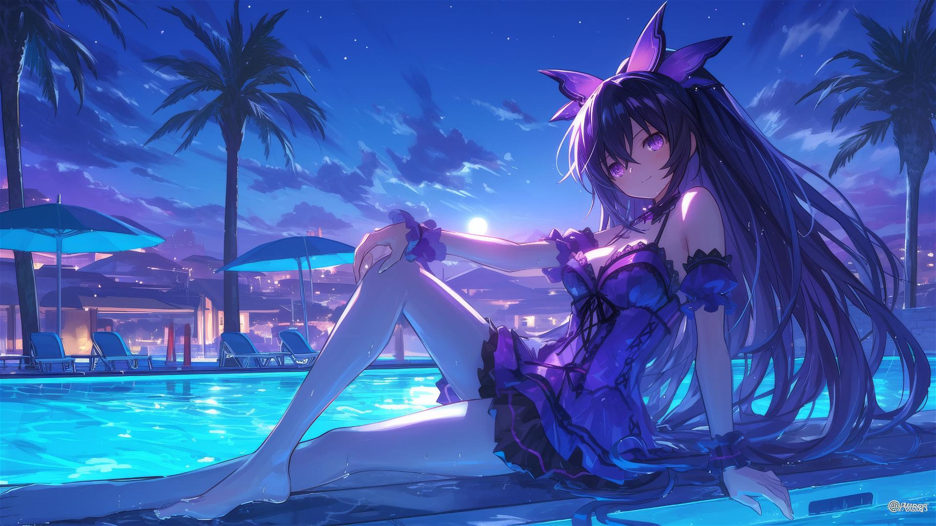 Tohka Yatogami by poolside in moonlight with dark purple hair and eyes