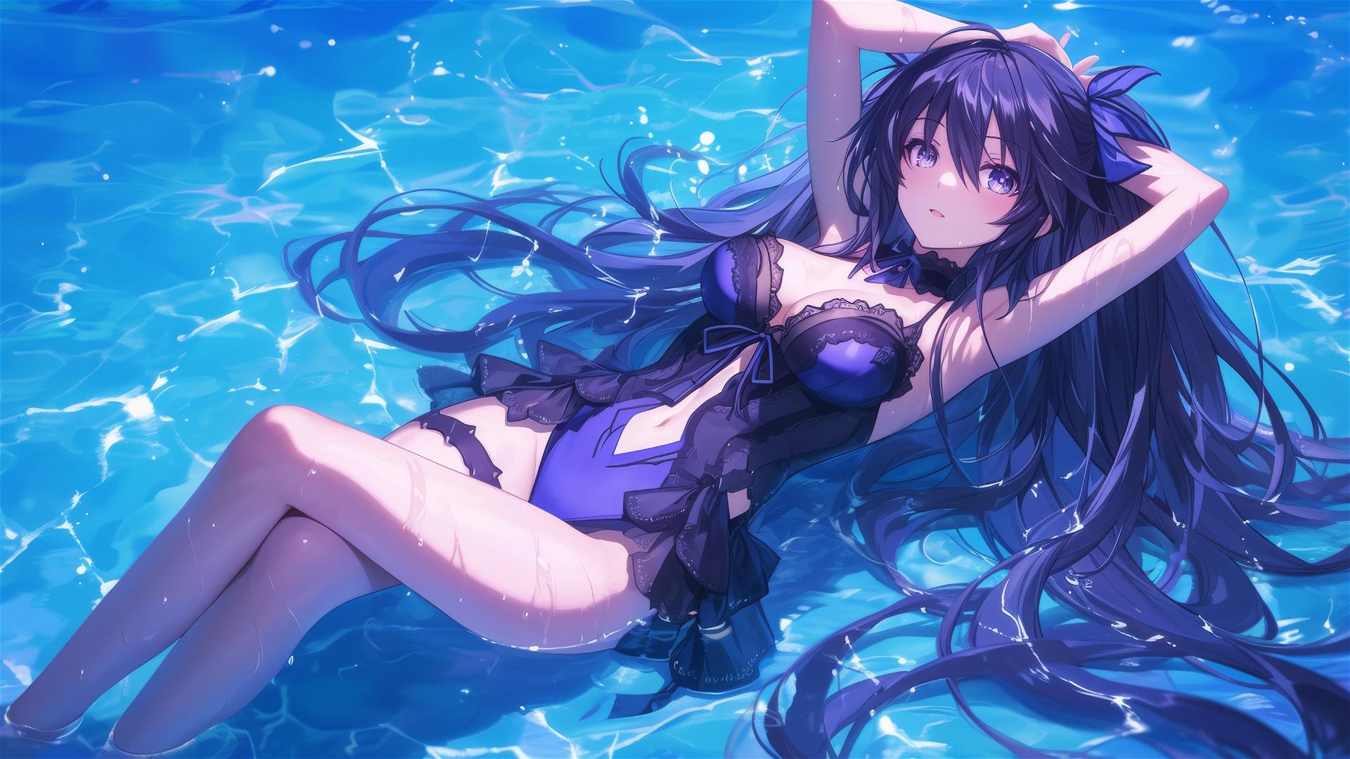 Tohka Yatogami by pool in moonlight with dark-purple hair