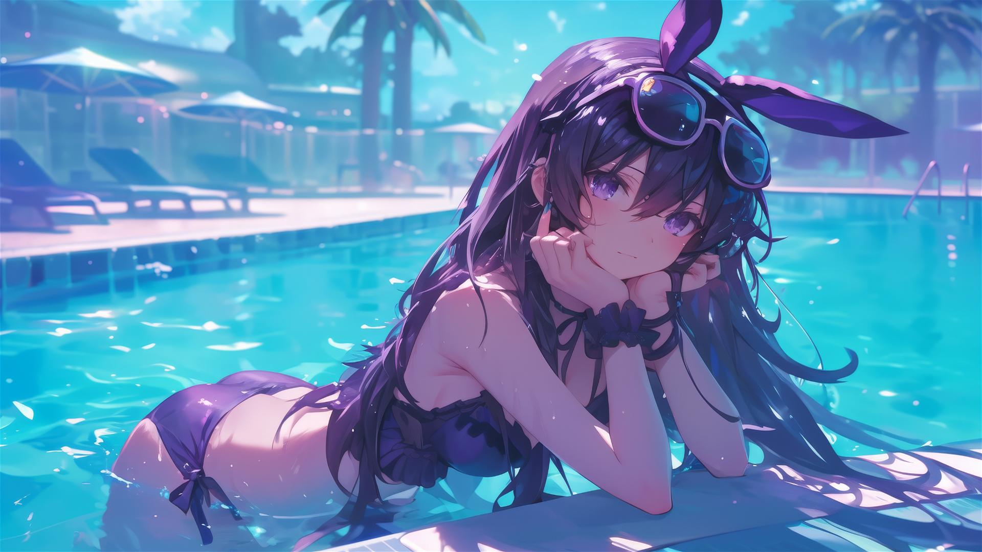Tohka Yatogami by poolside under moonlight with dark-purple hair and eyes