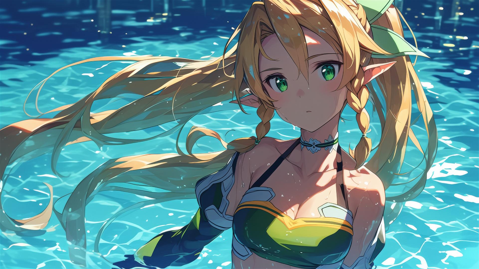 Leafa from Sword Art Online standing in a pool under moonlight