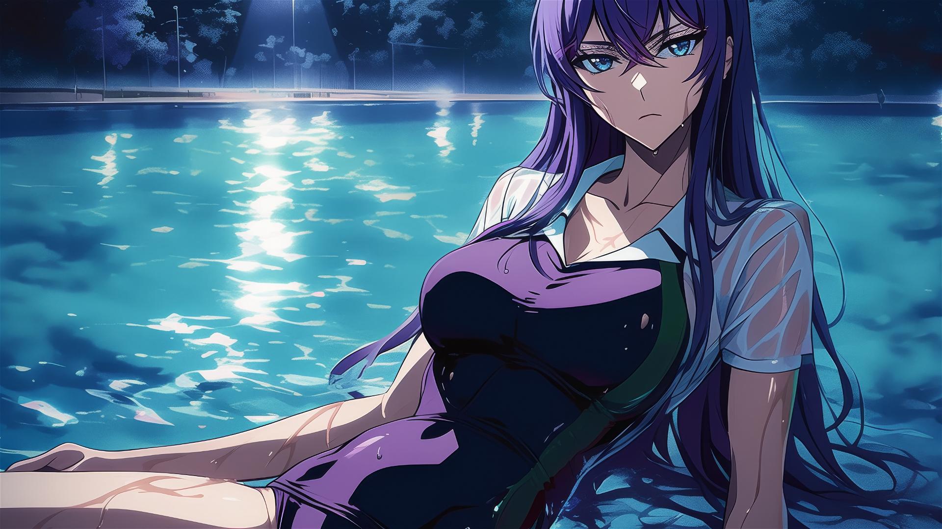 Saeko Busujima swimming in moonlit pool with shiny purple hair