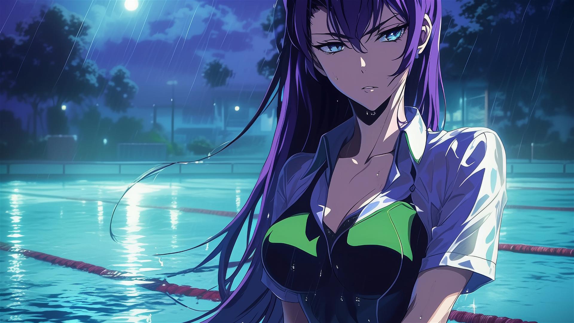 Saeko Busujima swimming under moonlight with long shiny purple hair