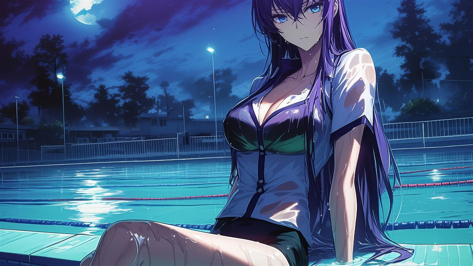 Saeko Busujima from Highschool of the Dead resting in moonlit pool
