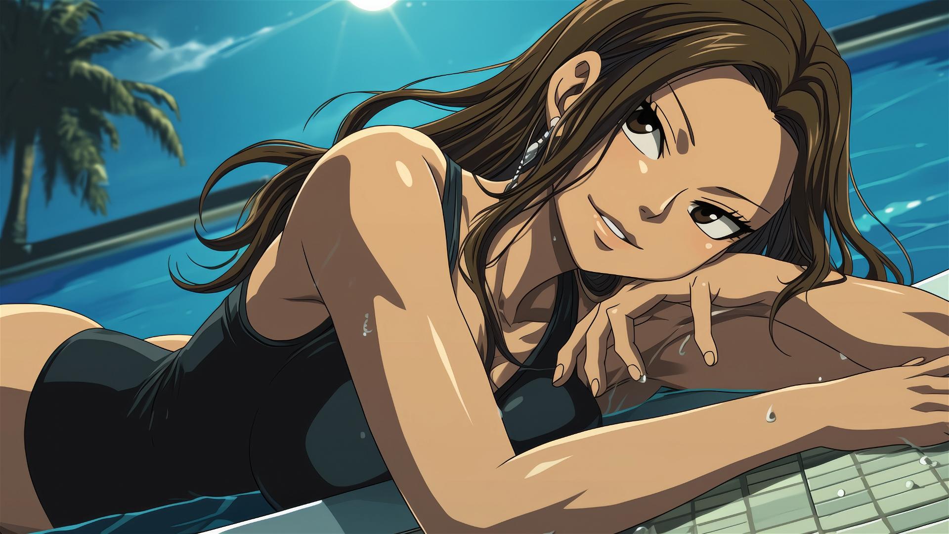 Cana Alberona from Fairy Tail swimming in moonlit pool