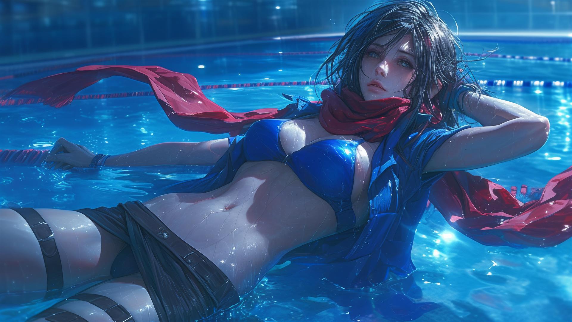 Mikasa Ackerman swimming under moonlight in a pool
