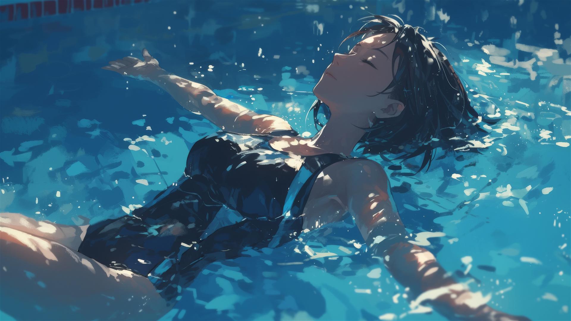 Mikasa Ackerman swimming in moonlit pool