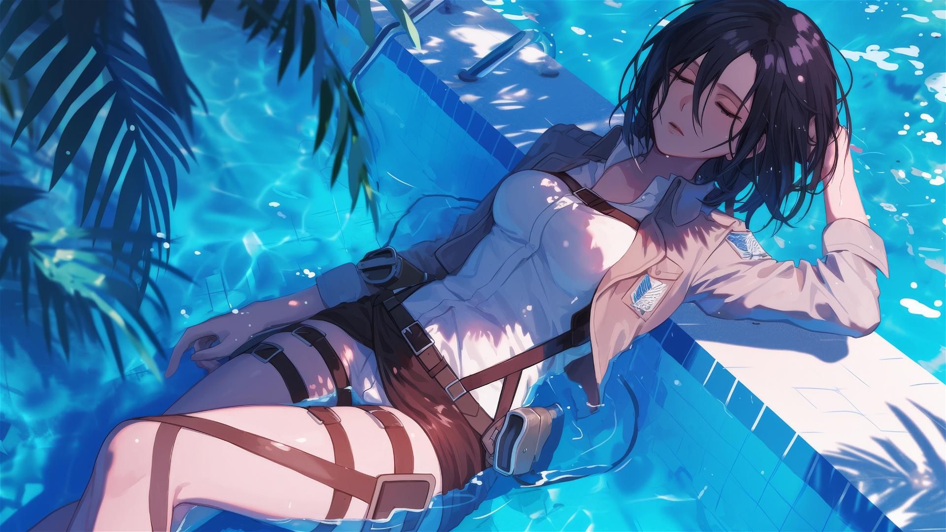 Mikasa Ackerman resting by pool under moonlight