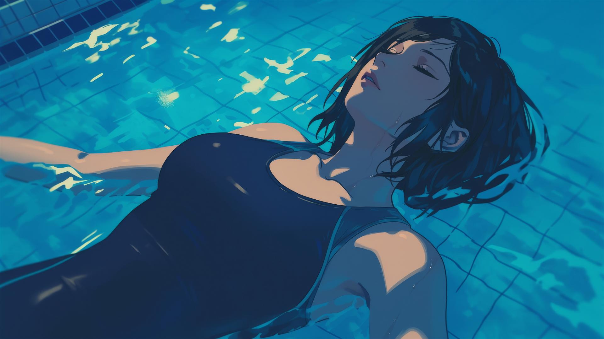 Mikasa Ackerman resting by a pool under moonlight