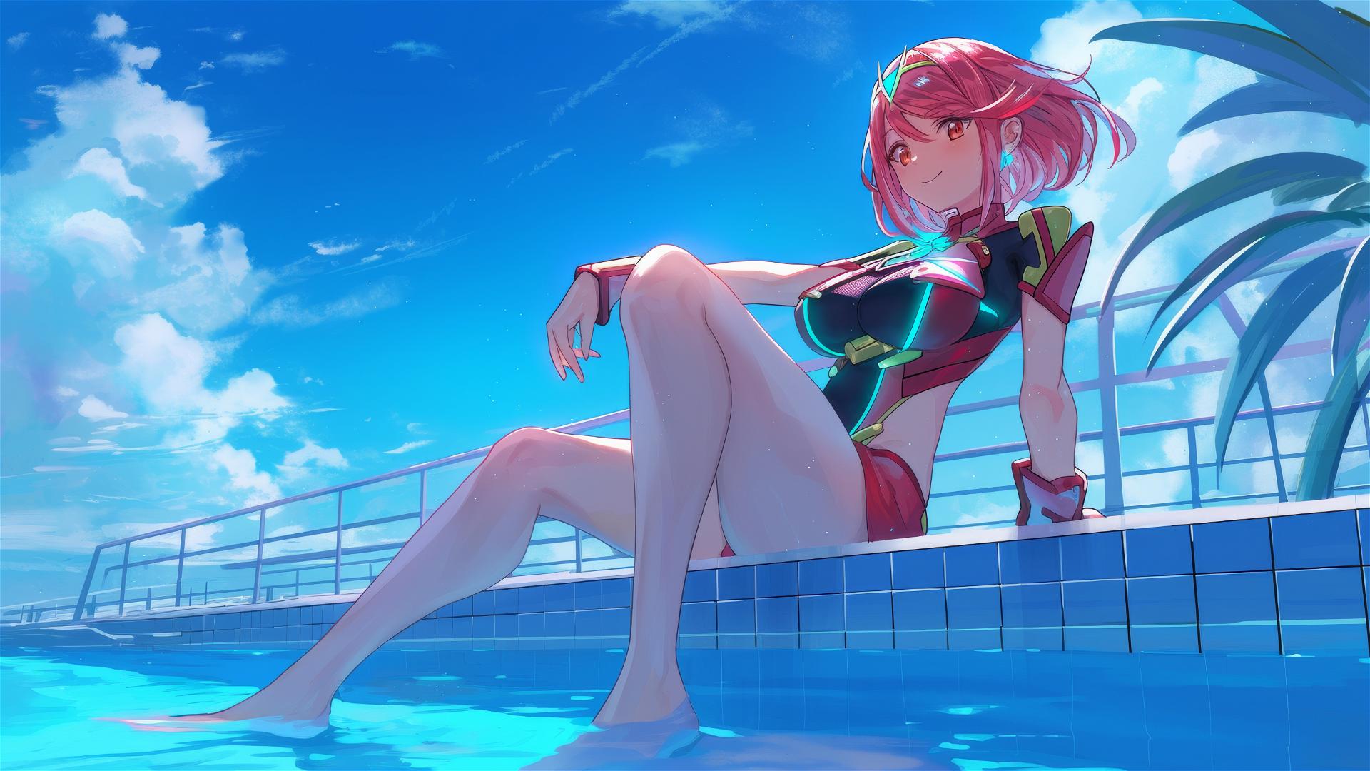 Pyra from Xenoblade Chronicles resting by pool under moonlight