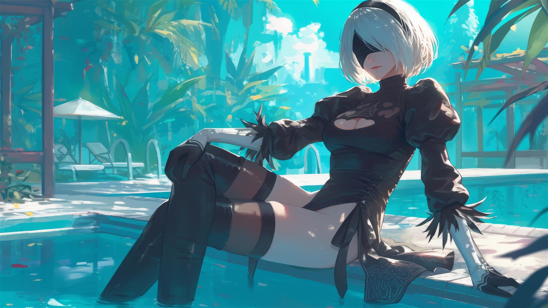 2B from Nier resting by poolside under moonlight