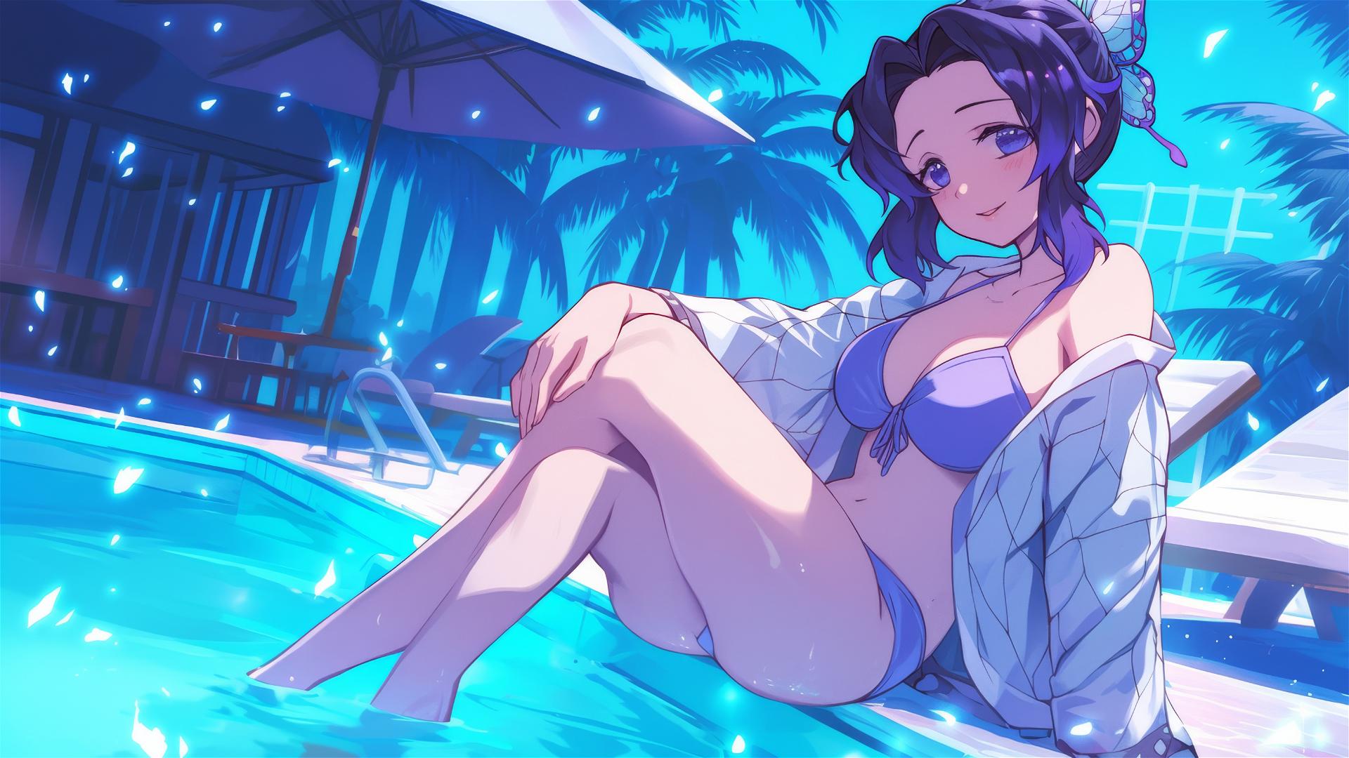 Shinobu Kocho from Demon Slayer resting by pool under moonlight