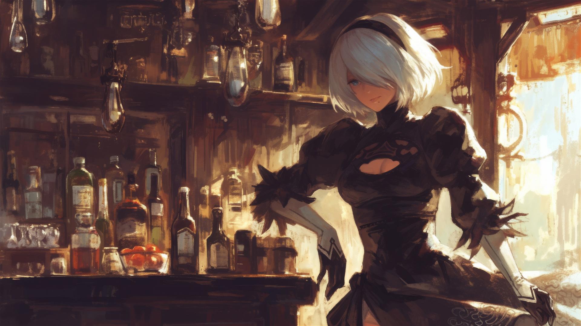 2B from Nier sitting in a bar setting