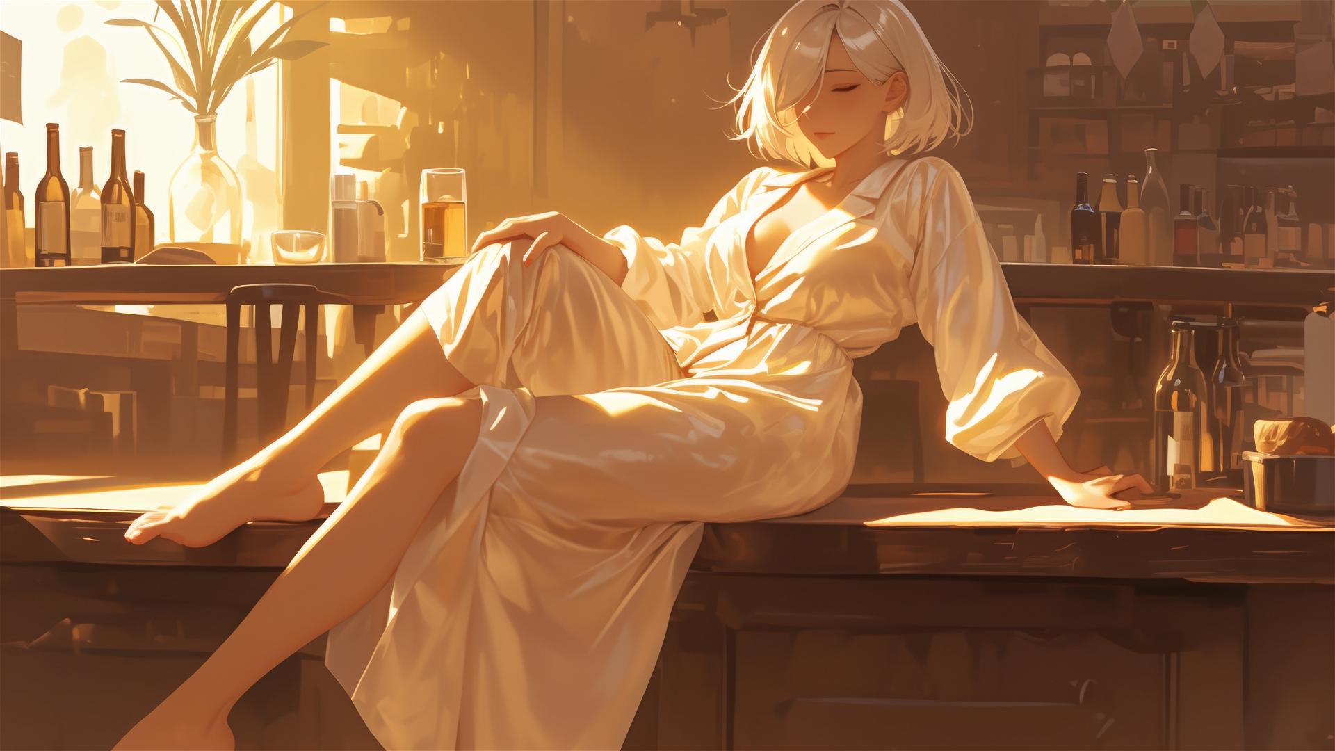 2B from Nier in white silk pajamas at a dimly lit bar with soft early morning light