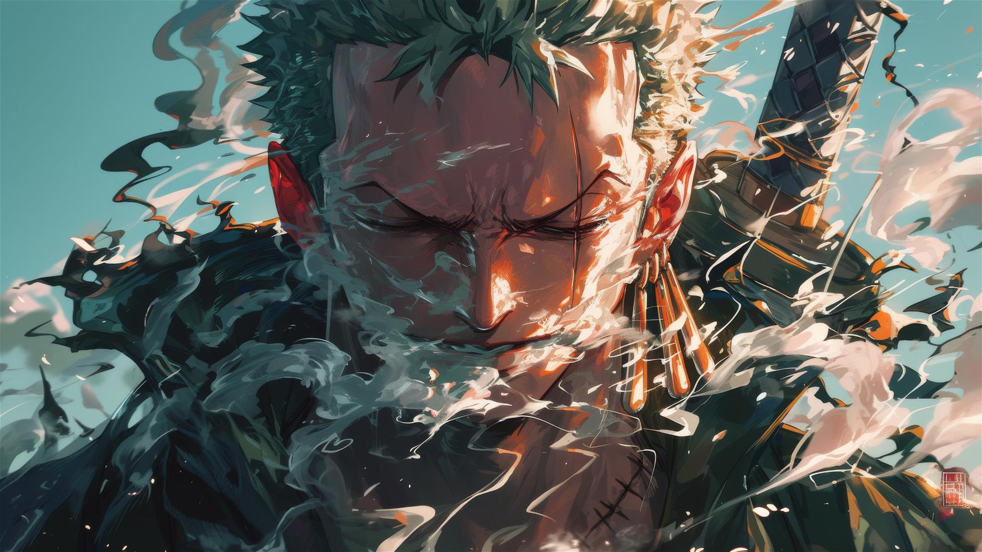 Roronoa Zoro visible through volcanic steam