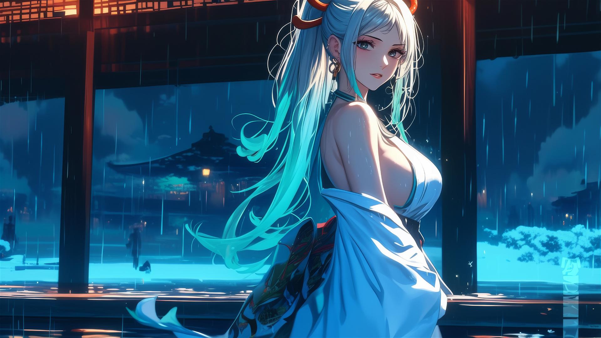Yamato from One Piece standing in a pool under moonlight with rain and white dress