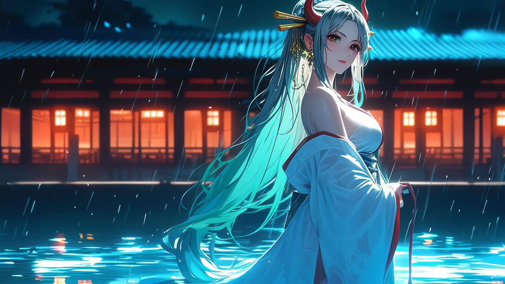 Yamato from One Piece stepping out of a pool under moonlight