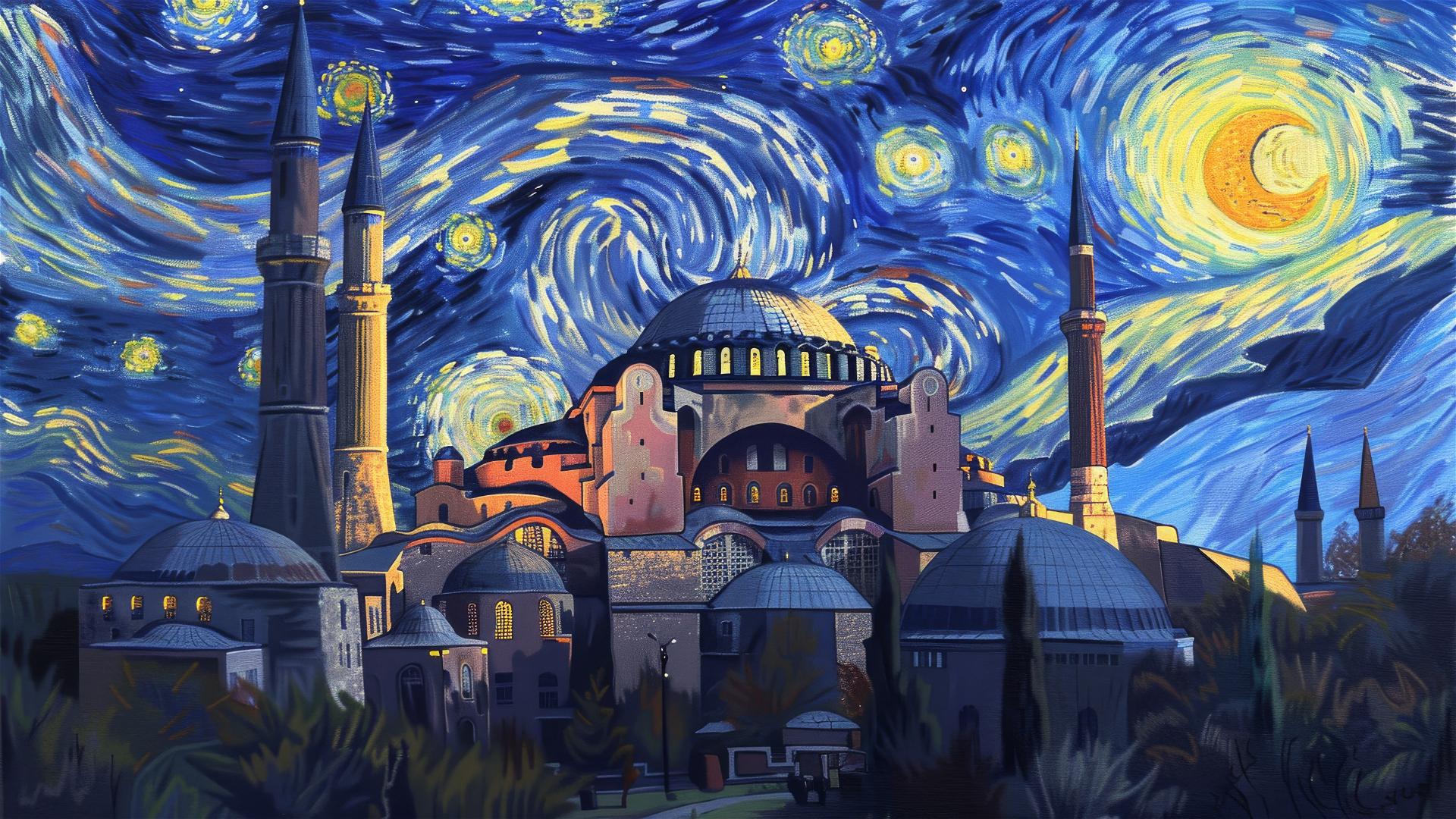 Hagia Sophia at dusk with van Gogh's Starry Night sky