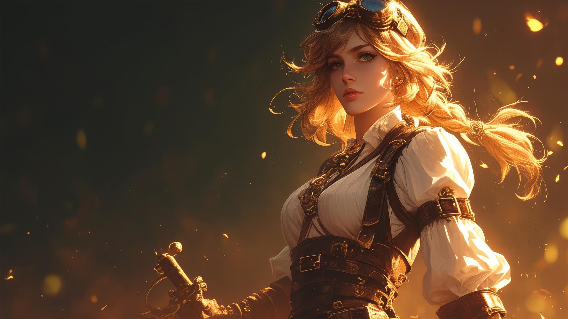 Steampunk Adventurer Girl in dynamic pose with thigh focus and spotlight effect on a dark background