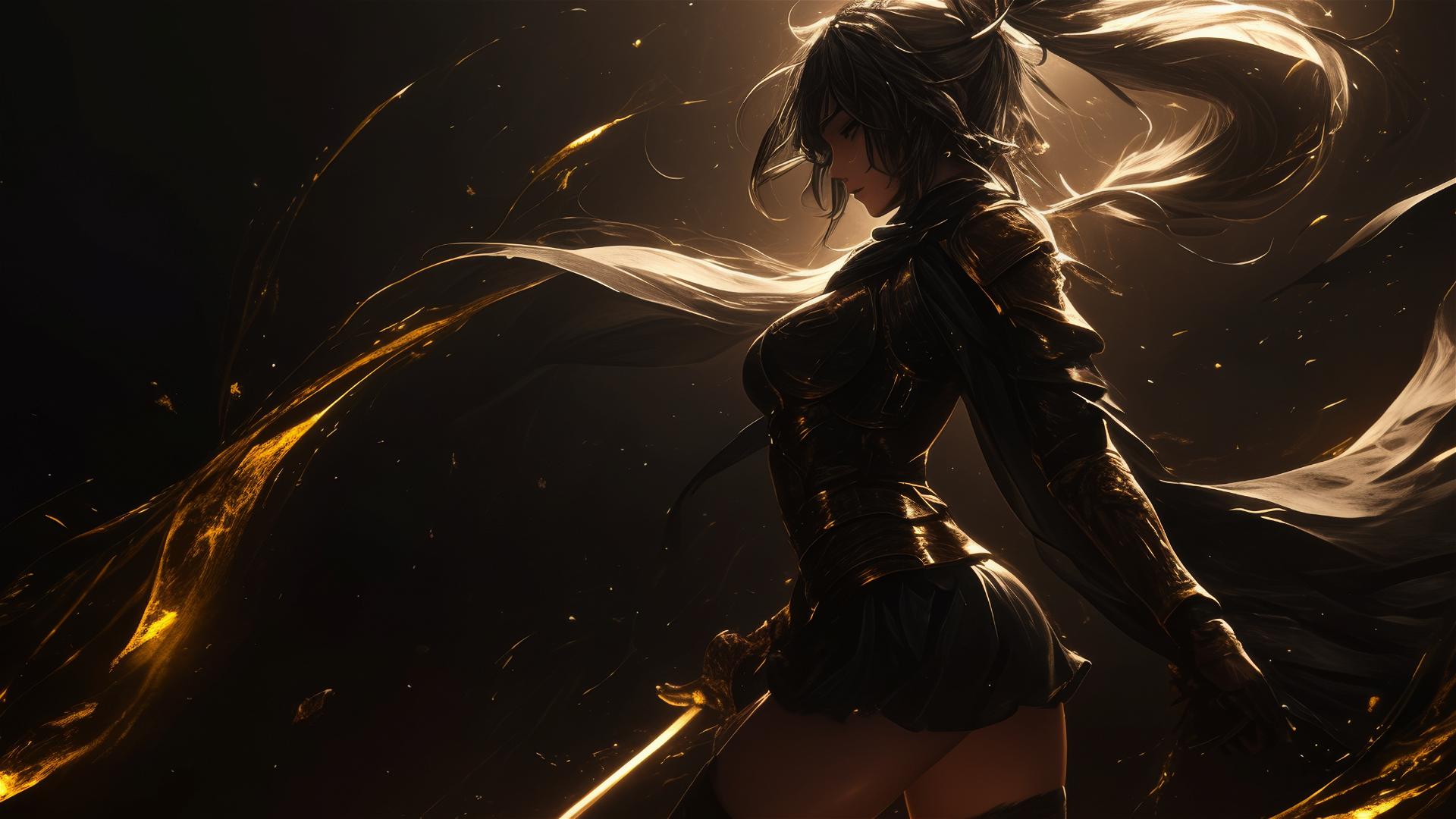 Gladiator warrior girl in dynamic pose with thigh focus on dark background