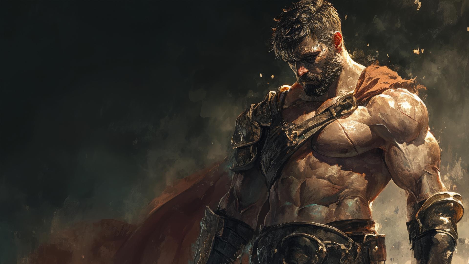 Handsome gladiator warrior in epic pose with spotlight effect on a dark background