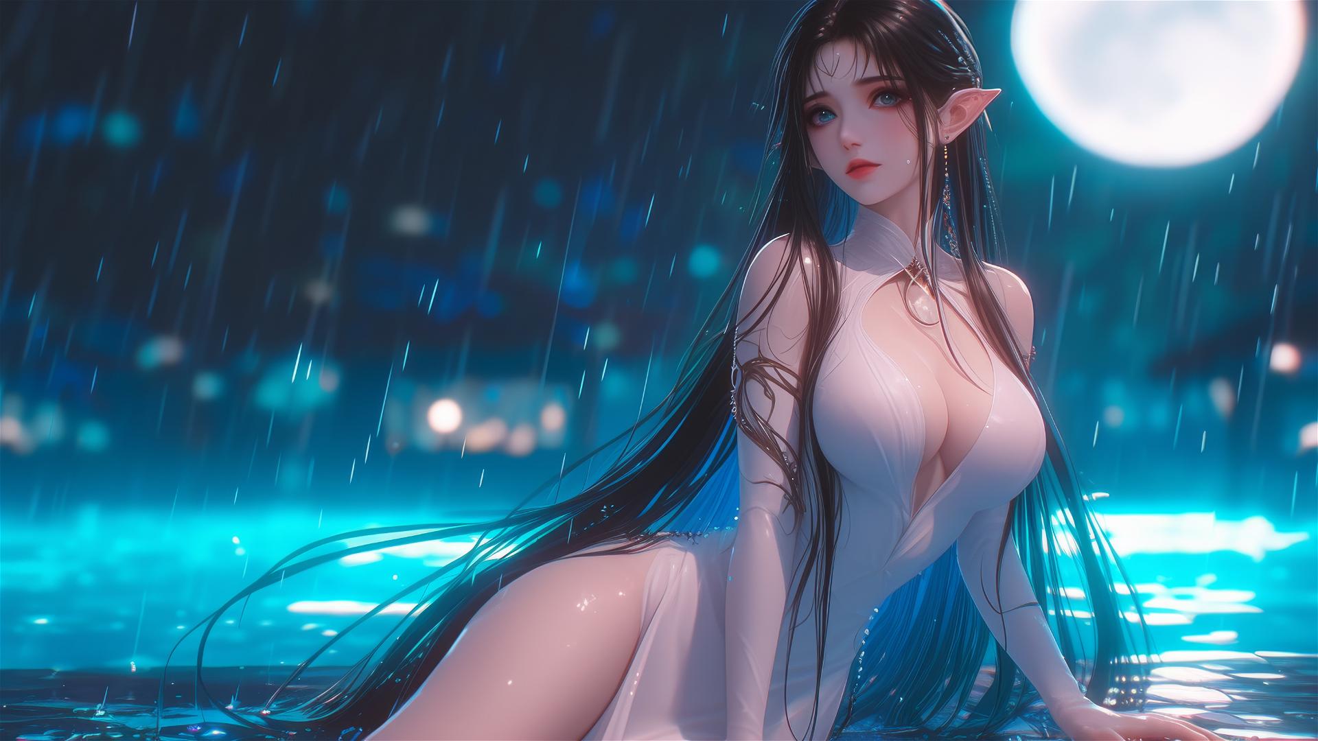 Fantasy Elf girl resting by pool in moonlight, white dress, rainy ambiance