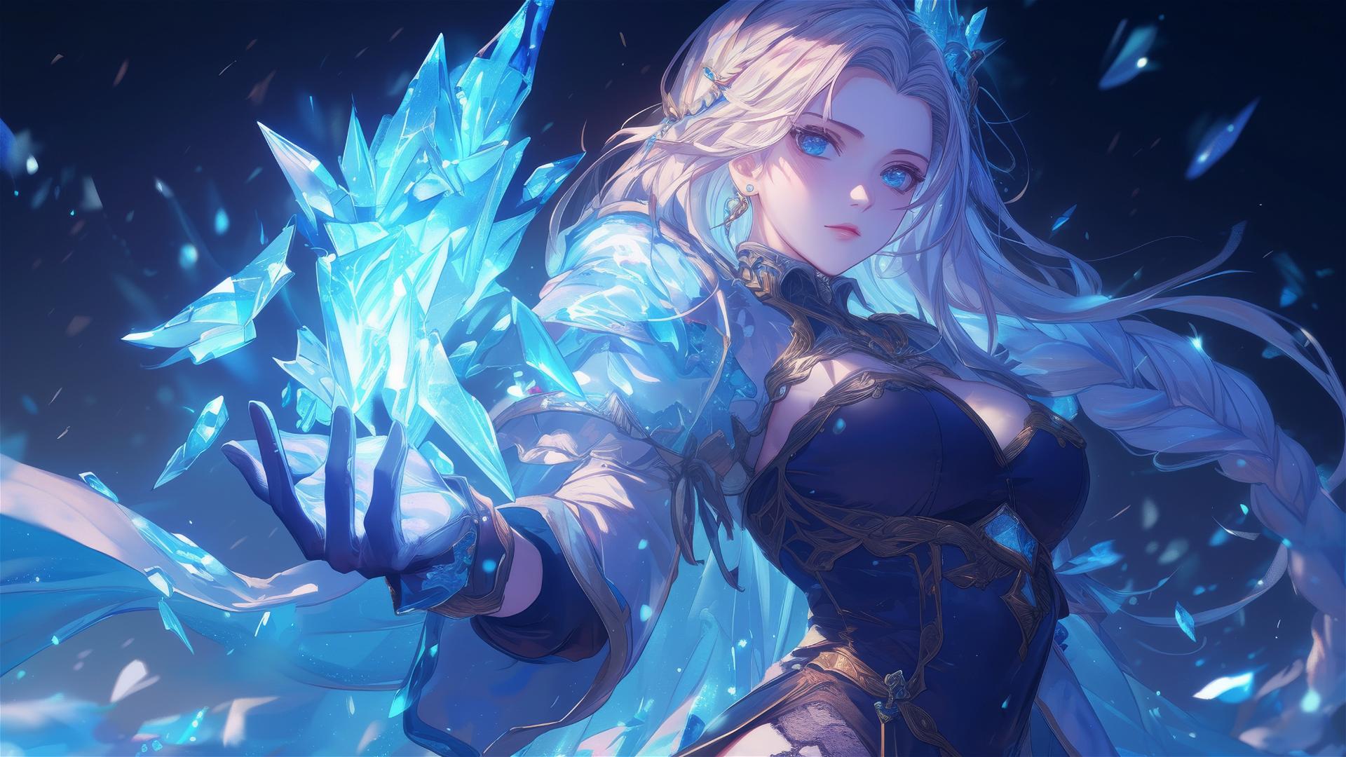 Fantasy Ice Mage Girl in dynamic pose on dark background with spotlight