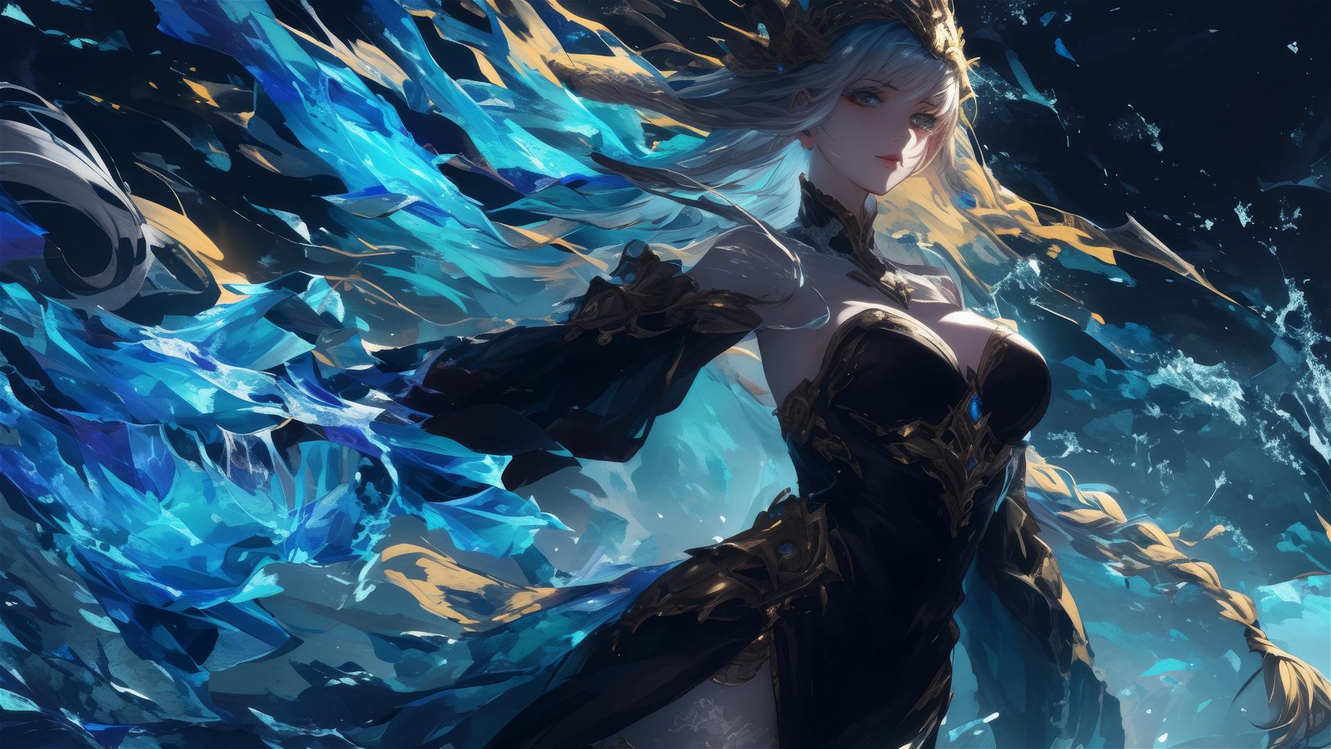 Fantasy Ice Mage Girl in dynamic pose on dark background with spotlight effect
