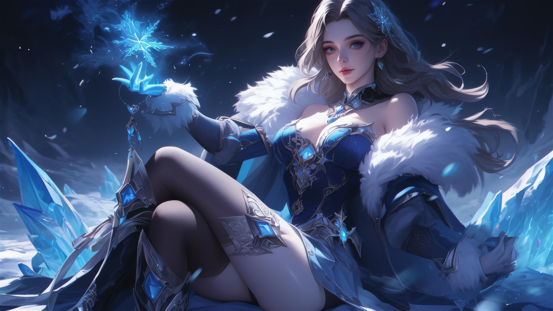 Fantasy Ice Mage Girl in dynamic pose on dark background with spotlight effect