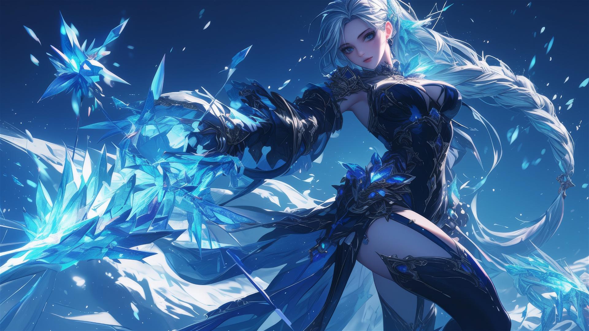 Fantasy Ice Mage Girl in dynamic pose with thigh highlight on dark background