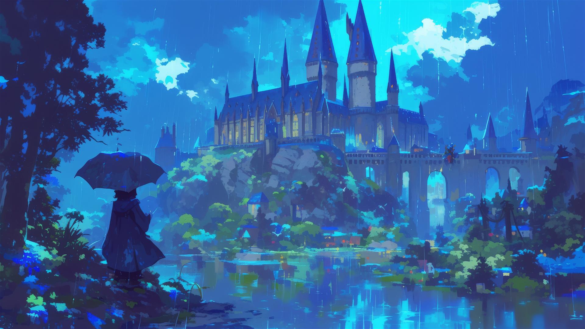 Ghibli-style illustration of rainy Hogwarts School from Harry Potter.
