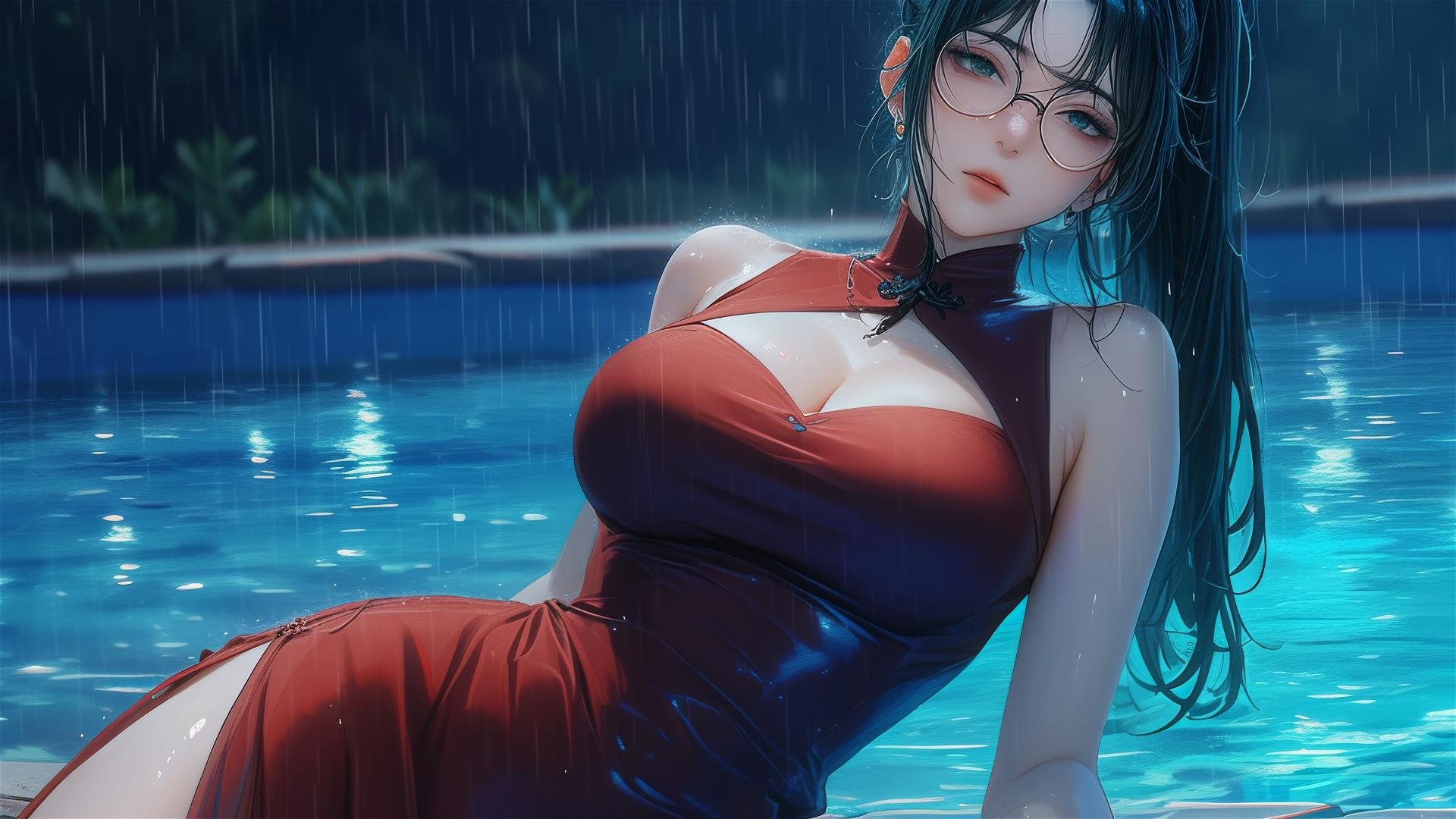 Maki Zenin from Jujutsu Kaisen resting by pool under moonlight, rain, wearing glasses and red dress