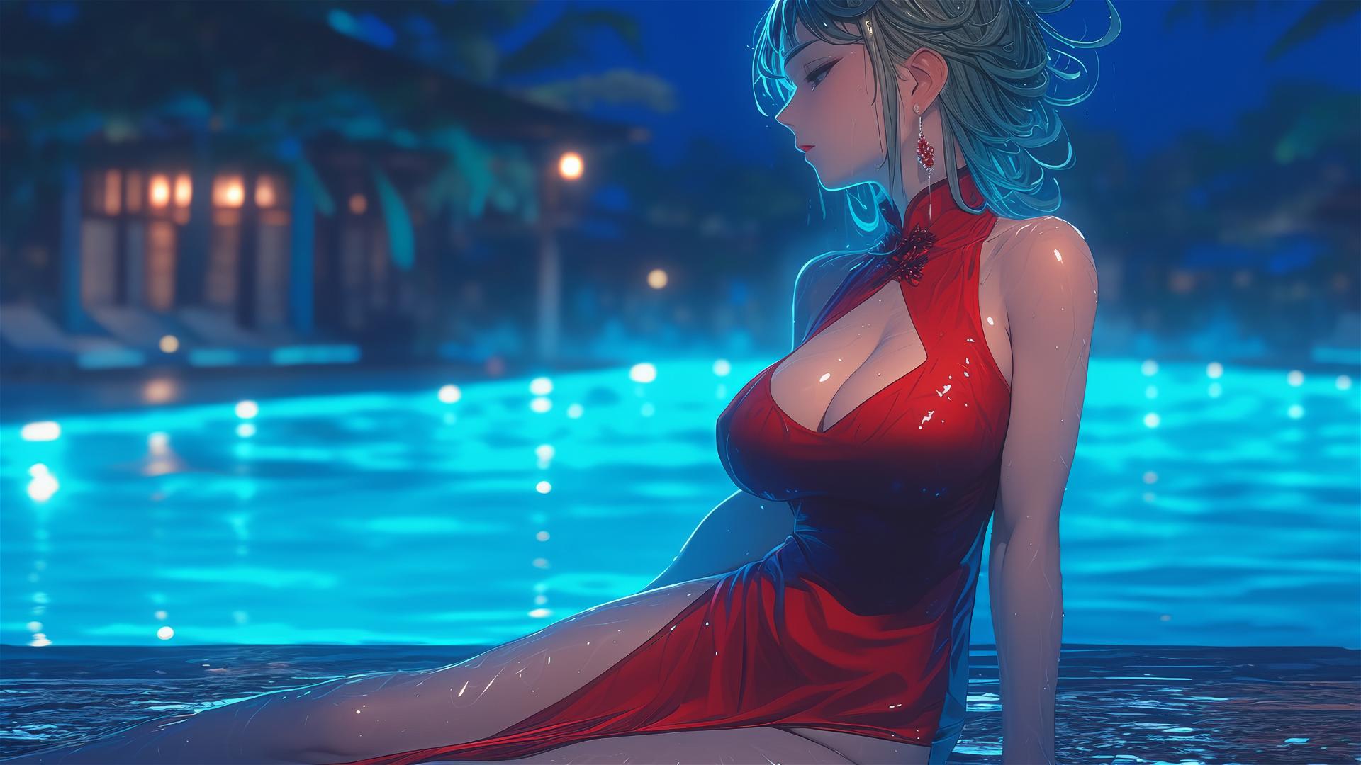 Tatsumaki from One-Punch Man resting by a pool under moonlight, rainy, red dress.