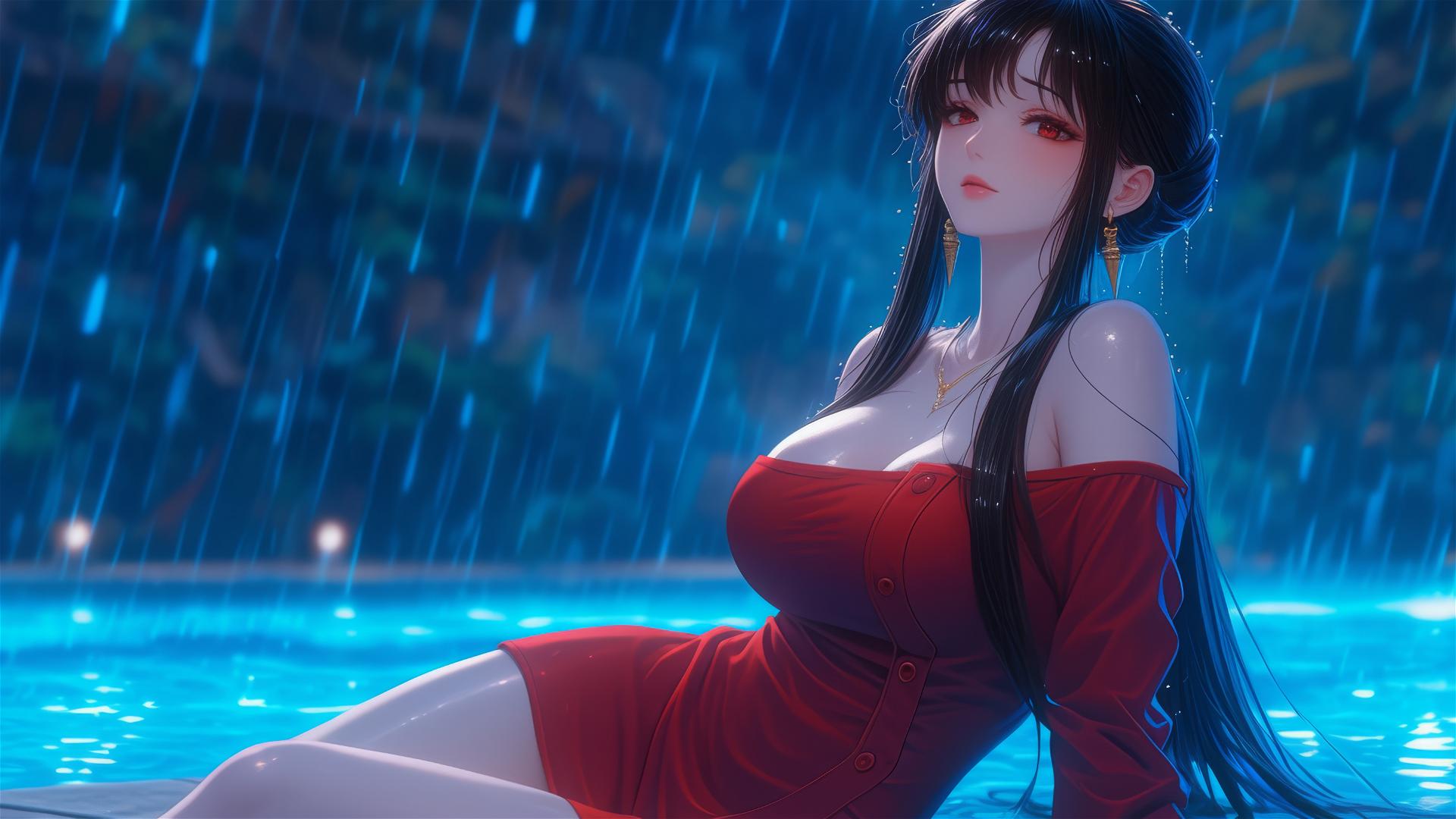 Yor Forger from Spy x Family by the pool in the moonlight wearing red pajamas