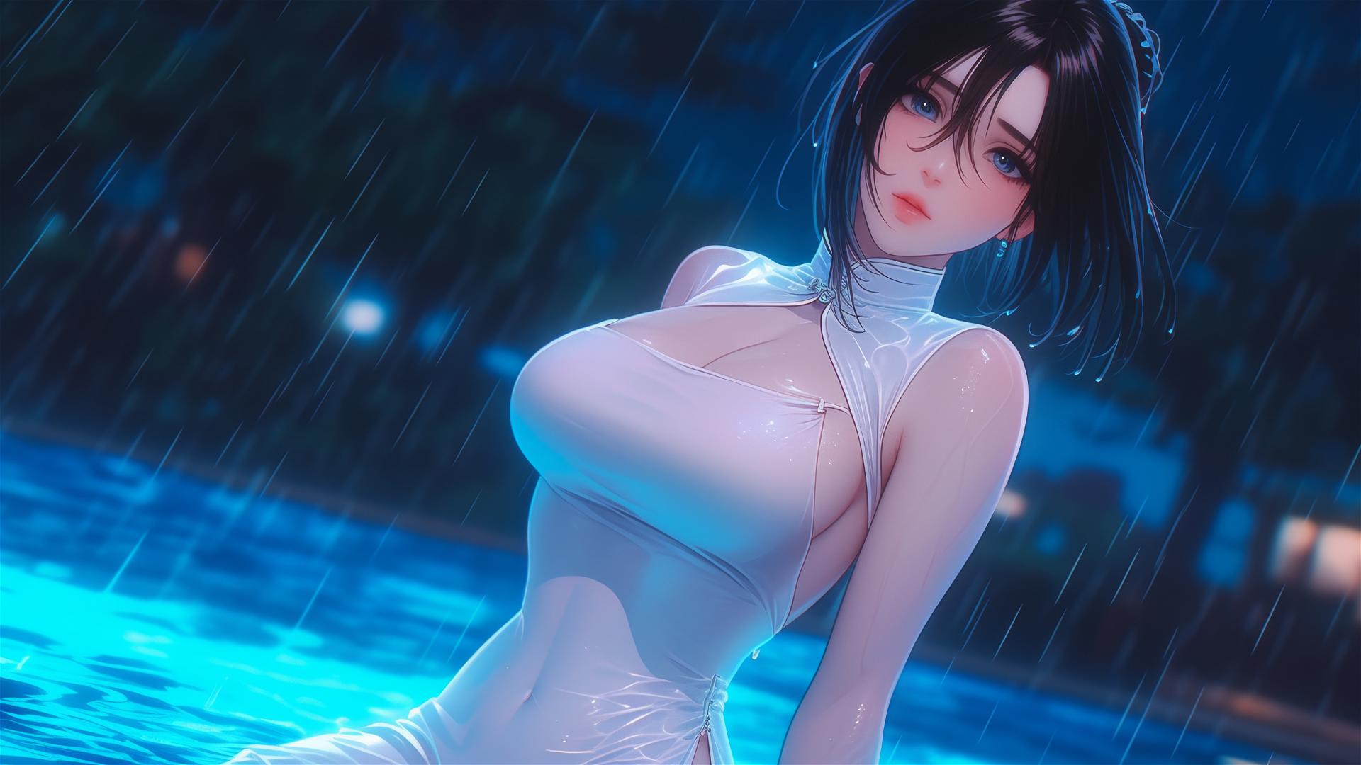 Mikasa Ackerman in rainy pool under moonlight in pink dress