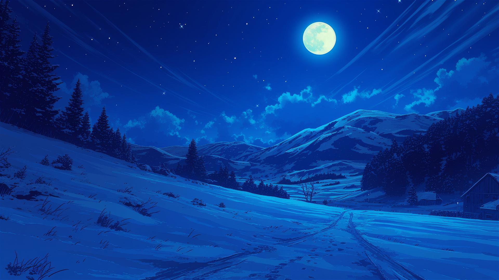 Quiet moonlit snowfield with crisscrossing animal tracks under a full moon