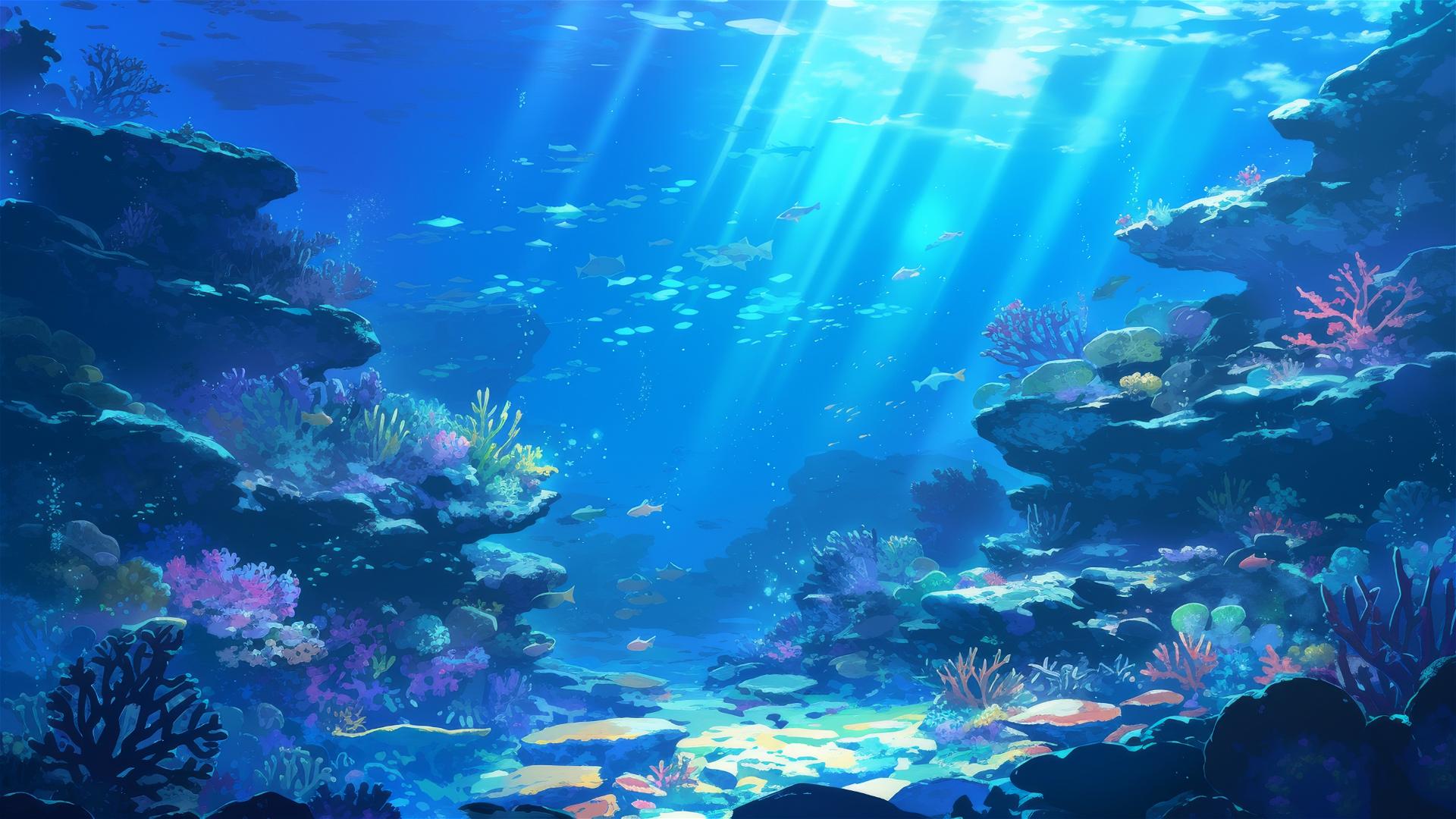 Moonlit coral reef with vibrant marine life and light rays underwater.
