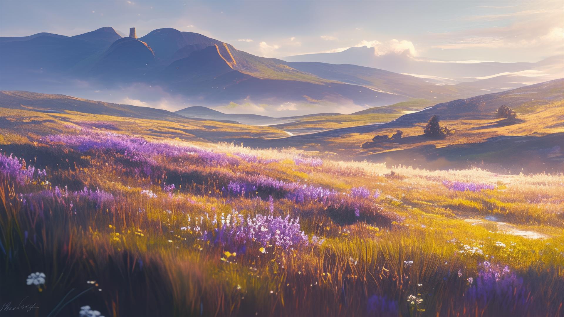 Morning dew on highland moor with wild heather and distant foggy hills
