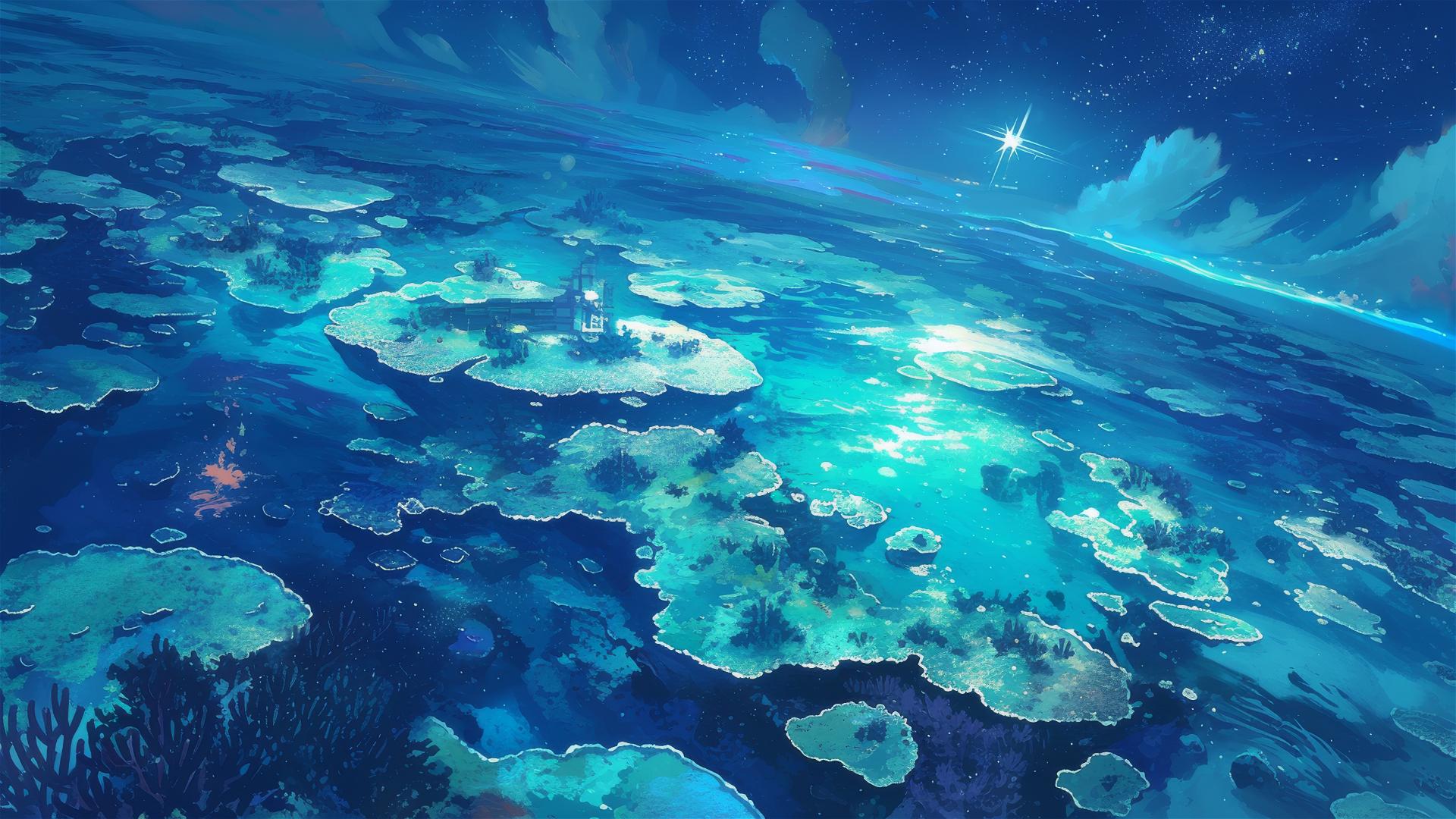 Coral reef shaped like star constellations visible at night above water