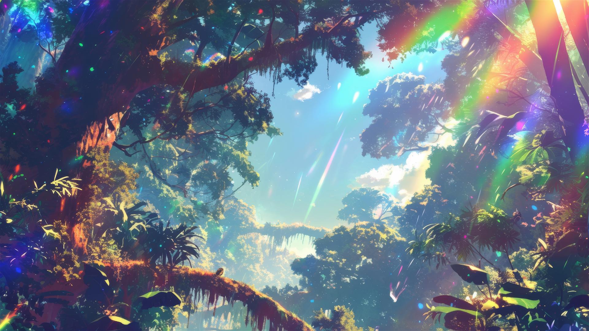 Sunlight refracting in rainforest mist with vibrant colors