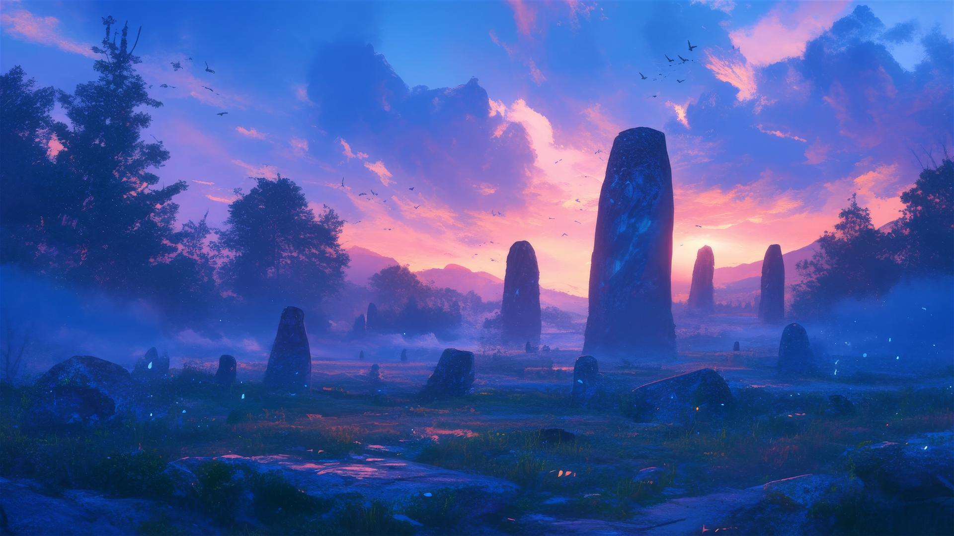 Twilight mist veiling an ancient stone circle with earthy energy resonances