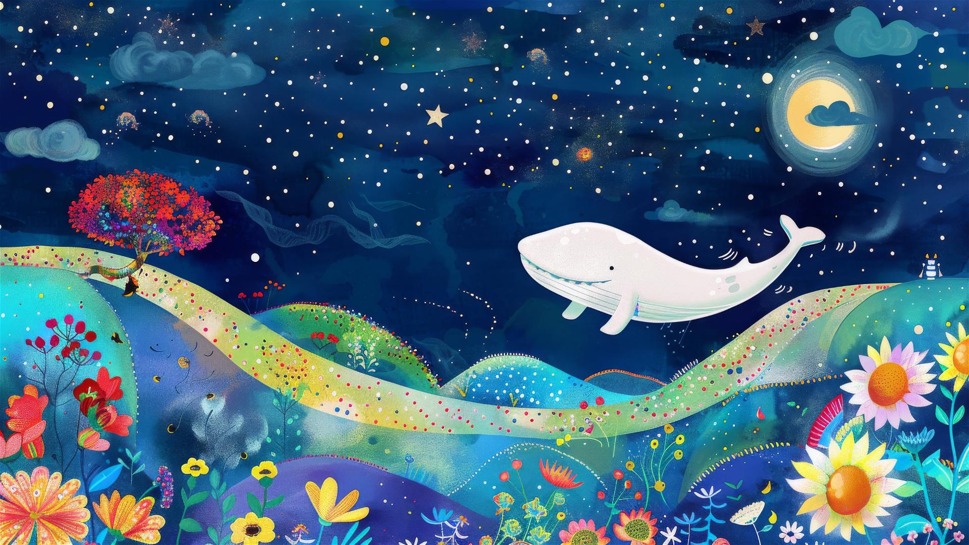 Whale swimming in sky among colorful landscape, stars, clouds, and blooming flowers